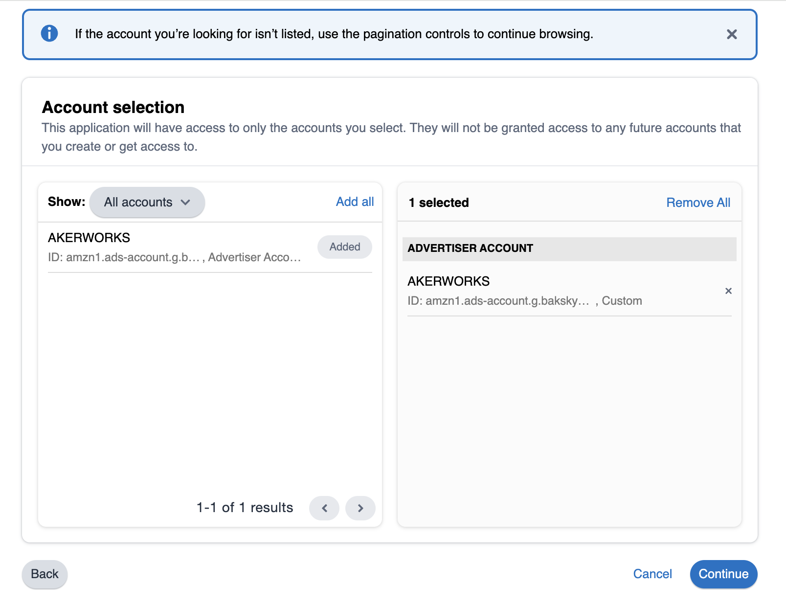 Account selection screen with accounts and selected account panel