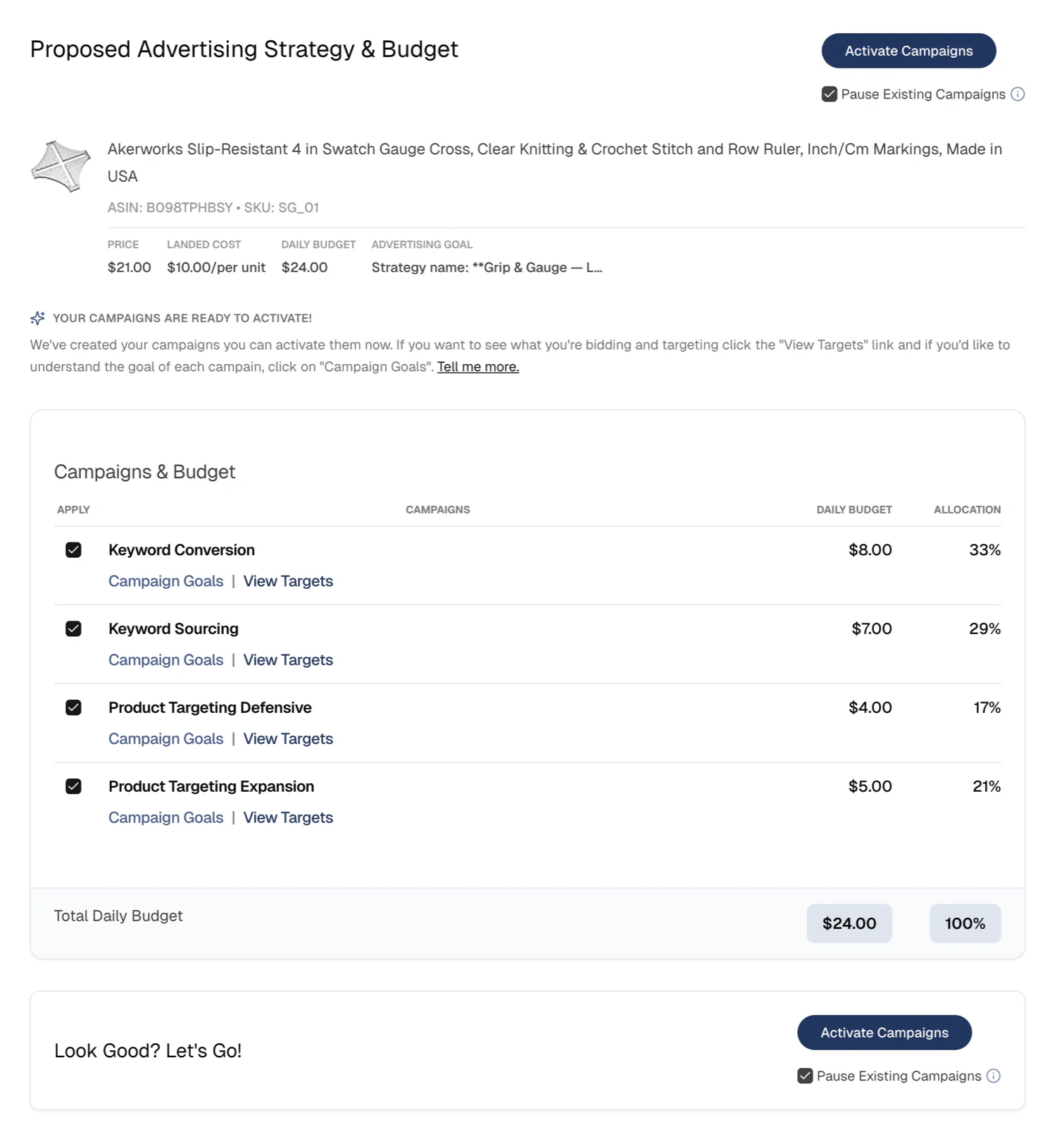 Campaign activation screen with Activate Campaigns button