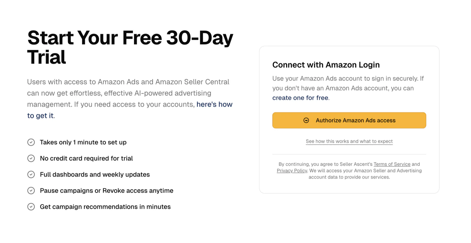 Onboarding screen with Authorize Amazon Ads access button