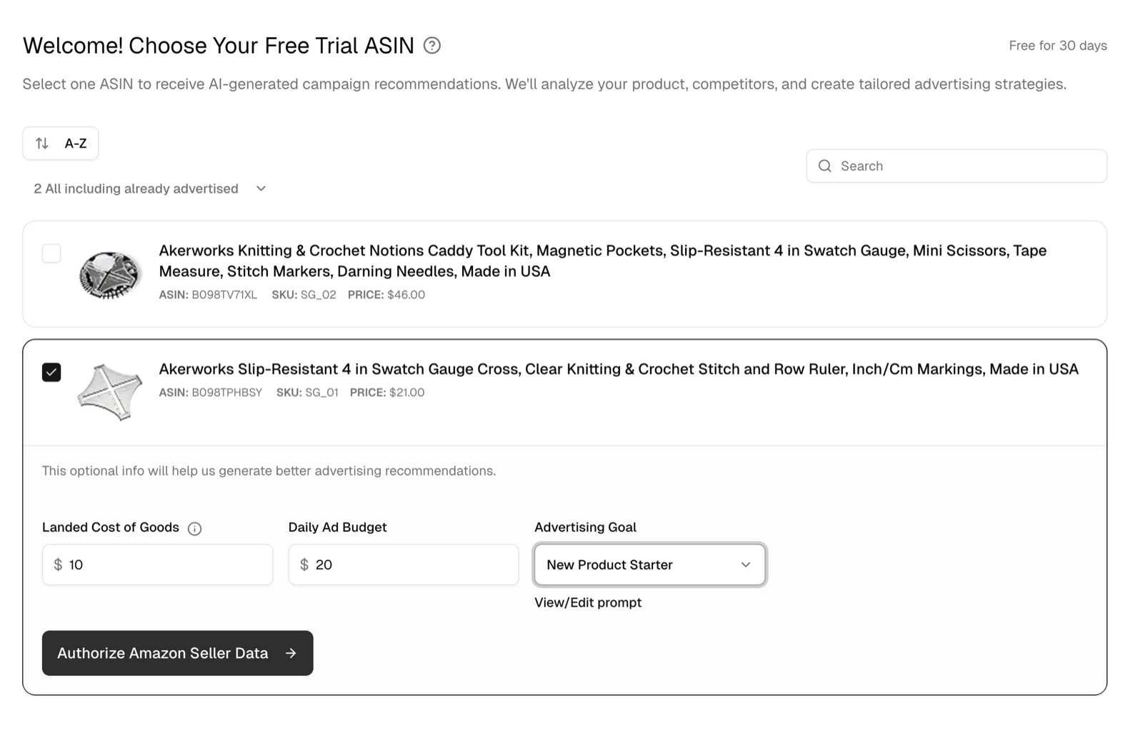 Choose your free trial ASIN screen